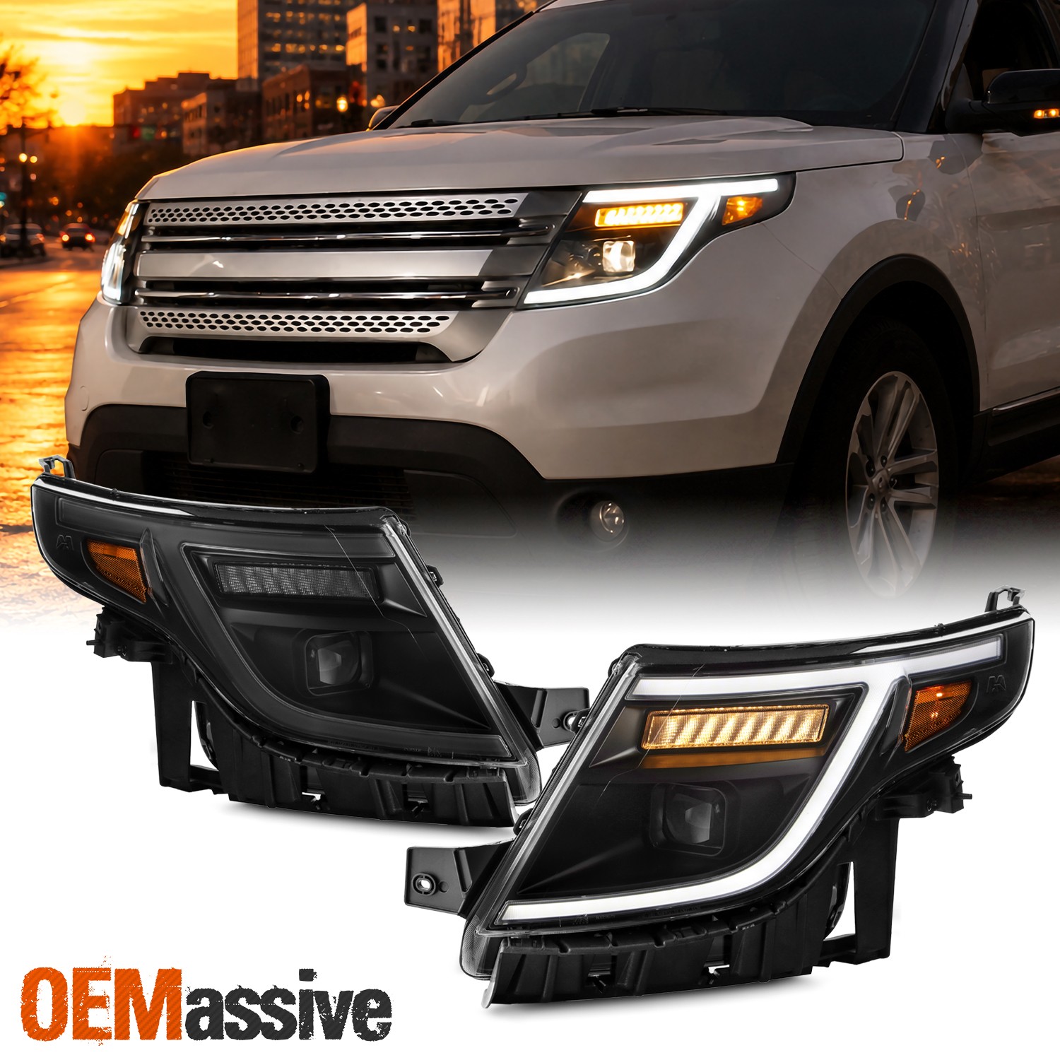 For 11-15 Ford Explorer Halogen Projector Headlights w/LED DRL Sequential Signal