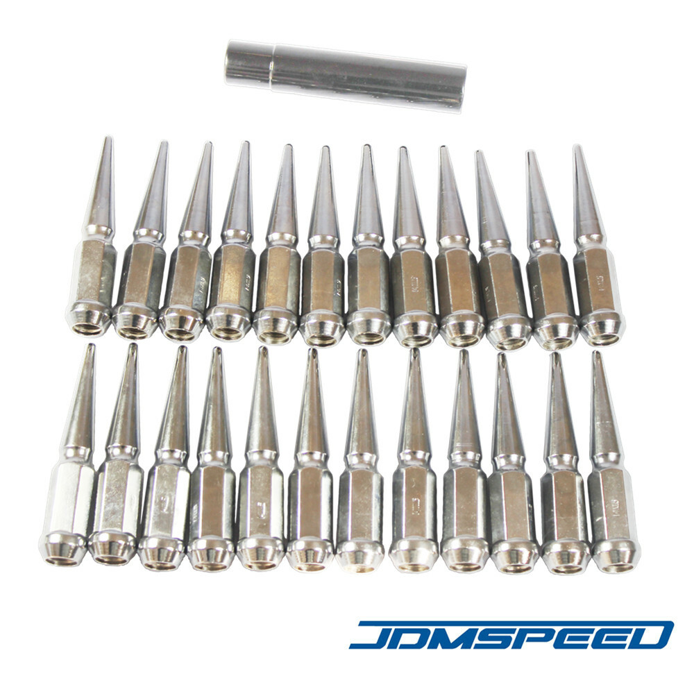 24 PCS Chrome Spike Lug Nuts 14×1.5 For Chevy Silverado Tahoe 4.4″ Tall w/ Key