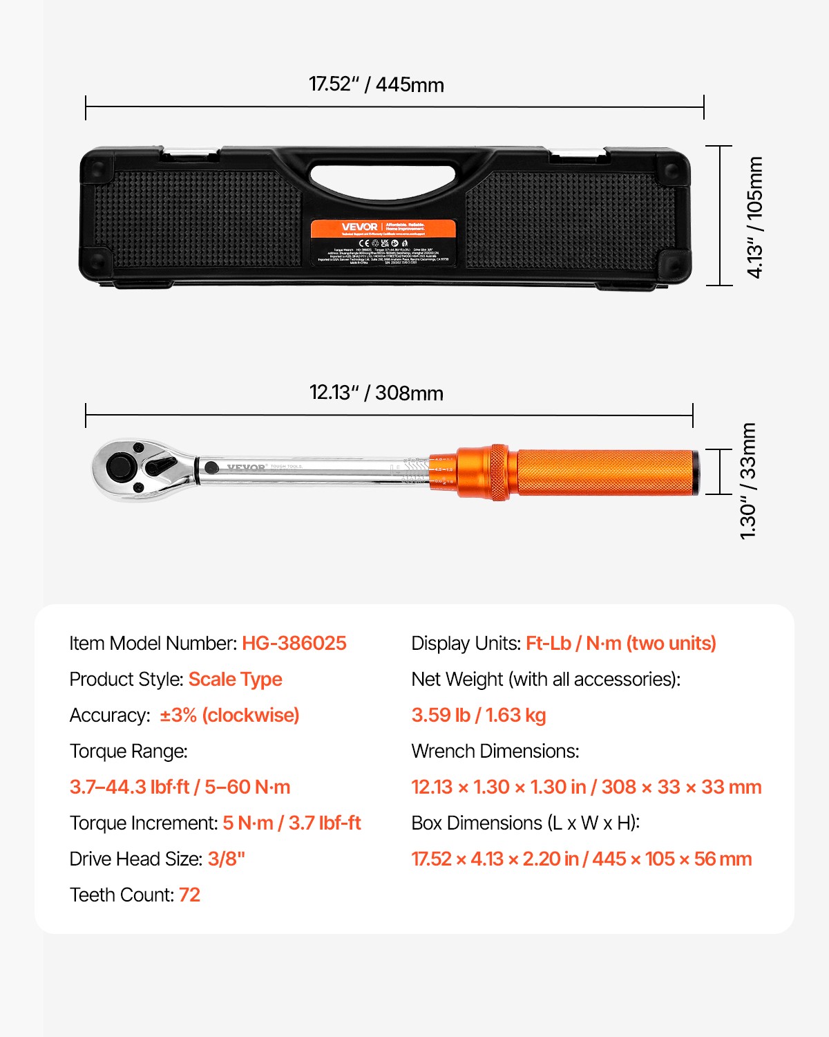 VEVOR Click Torque Wrench Set 3/8Inch Drive 5-60 N.m / 3.7-44.3 lbf.ft
