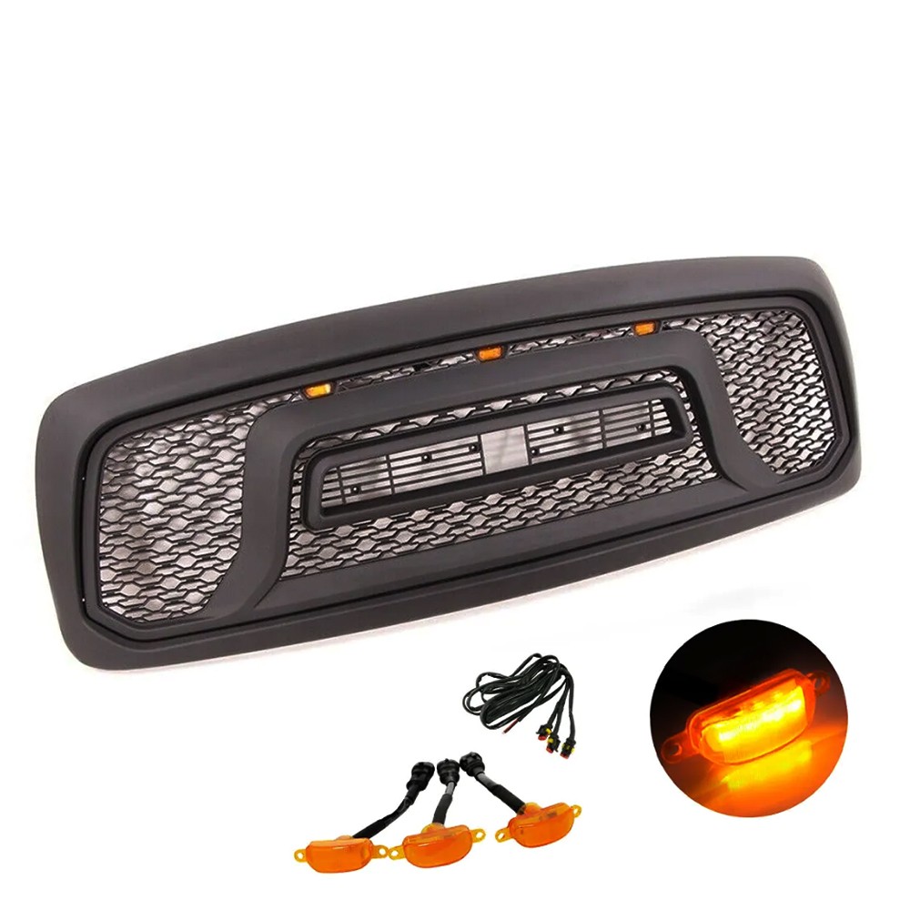 Front Grille For Dodge Ram 2500 2010-2018 Honeycomb W/Letters W/LEDs Matte Black