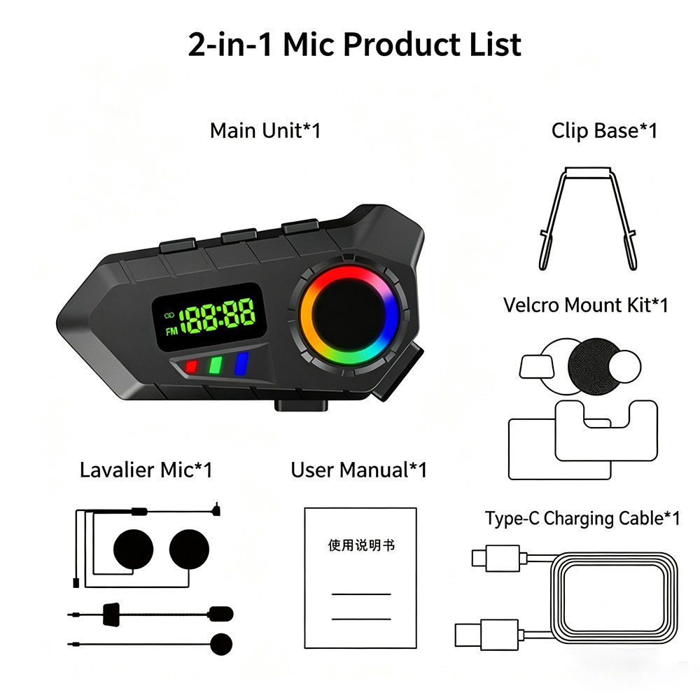 Motorcycle Helmet Intercom Bluetooth Headset LCD RGB Lights HiFi Stereo BT 6.0