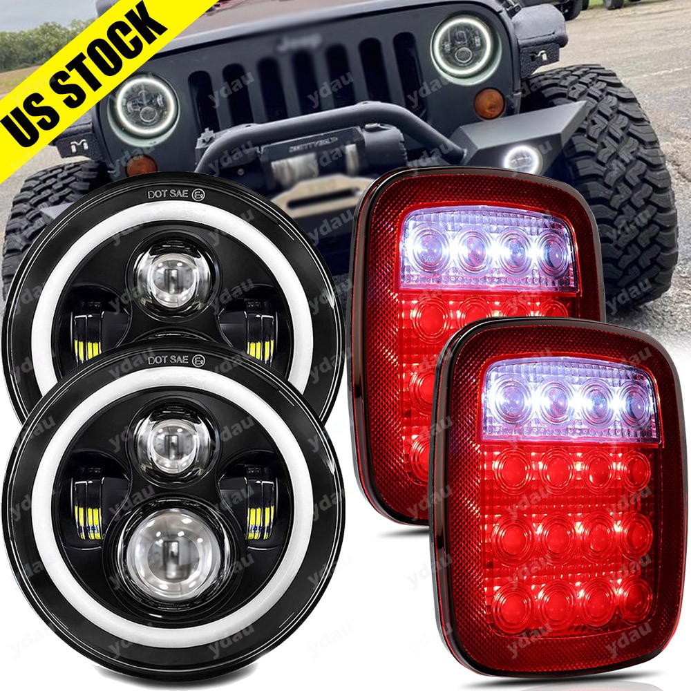 7inch LED Headlights + Tail Lights Set Combo 4X For Jeep Wrangler TJ 1997-2006