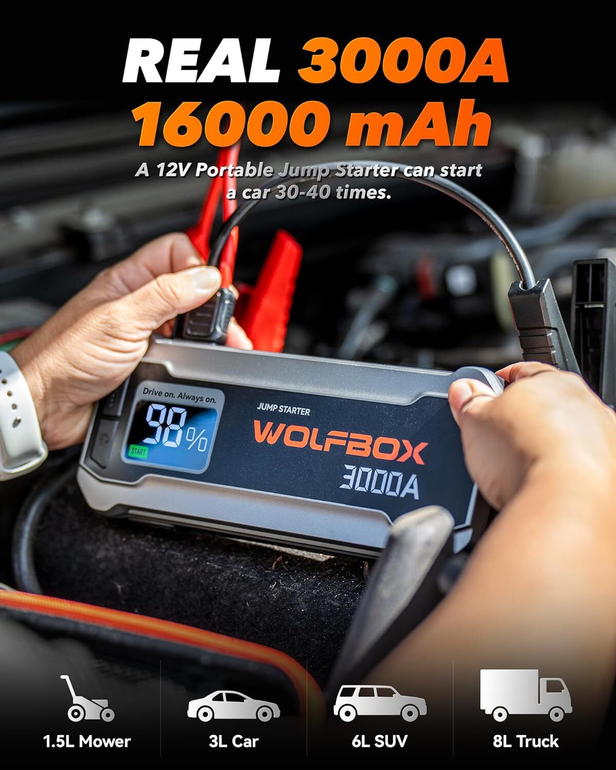 WOLFBOX 3000A JUMP STARTER CAR BATTERY BOOSTER BOX POWER BANK with LED Display