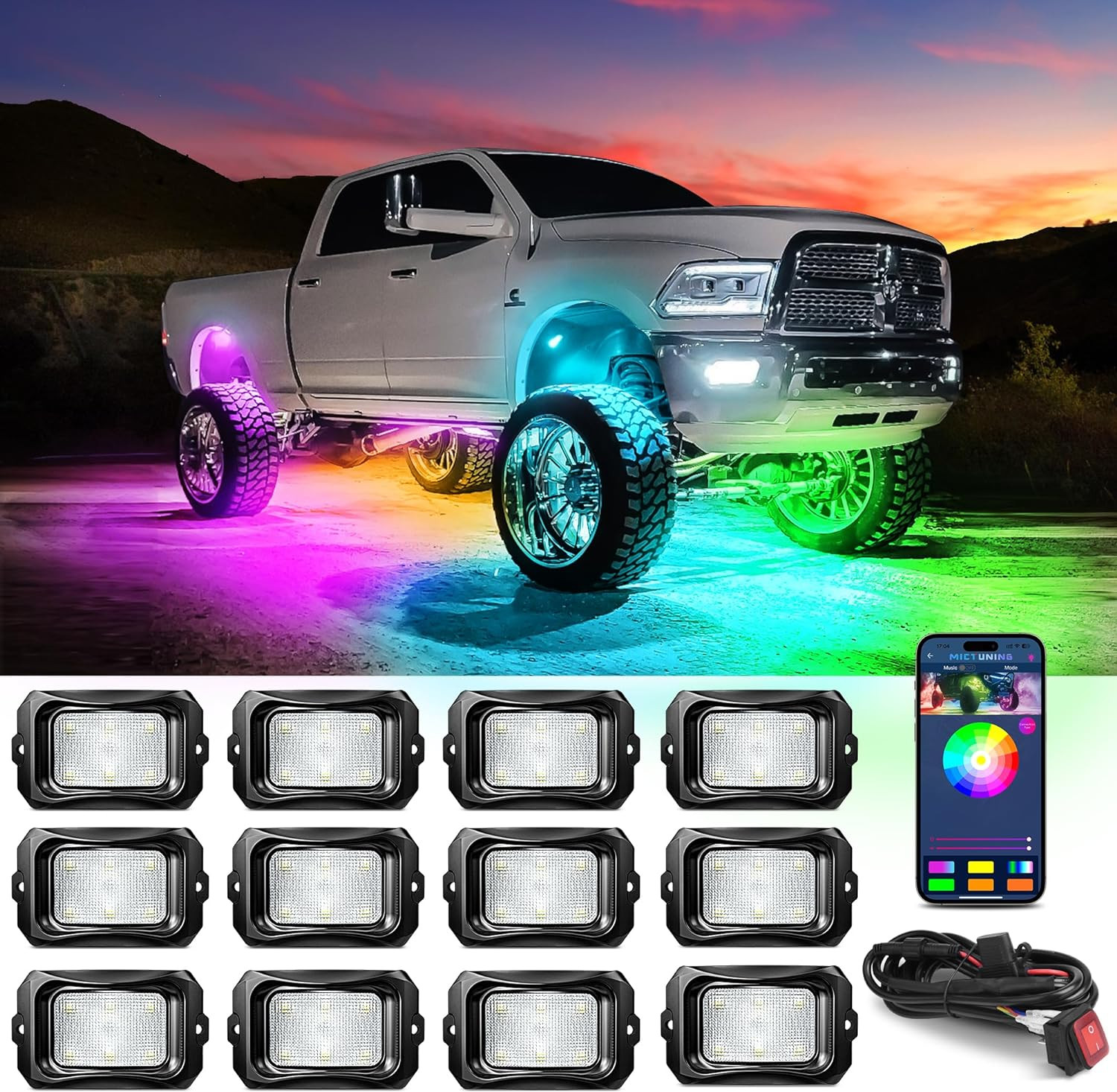 MICTUNING C2 RGB+IC Dream Color LED Rock Lights Kit, 8-24 Pods Underglow Lights