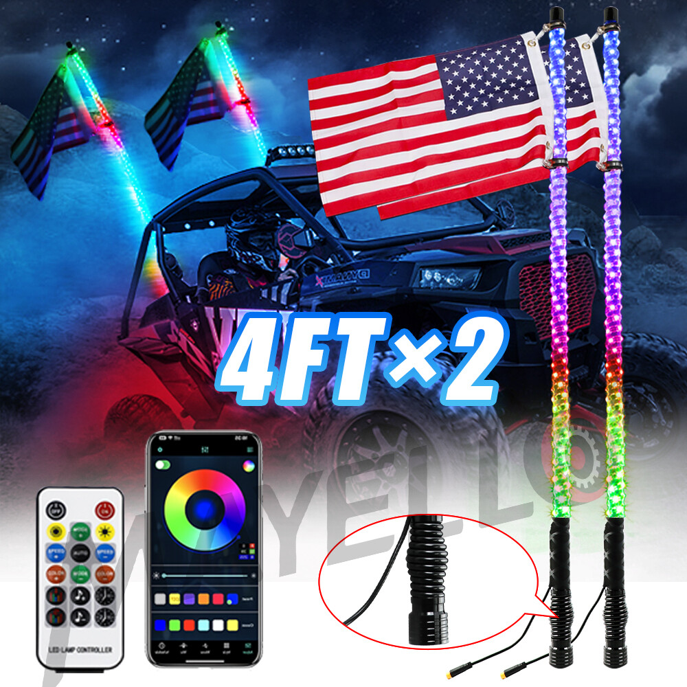 2Pcs 4FT RGB Spiral LED Whip Lights Antenna Chase + Flag&Remote for ATV UTV