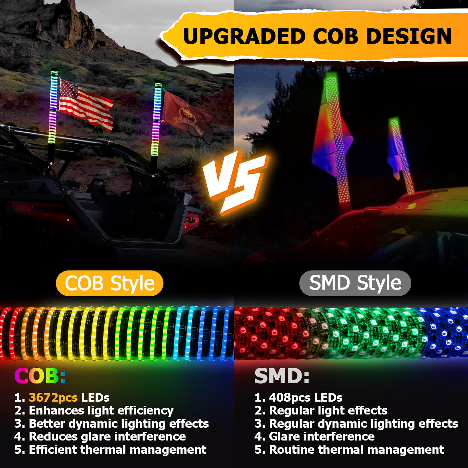 2x 2FT COB Thick LED Whip Spiral Chasing RGB Fat Whip Lights For Can Am Polaris