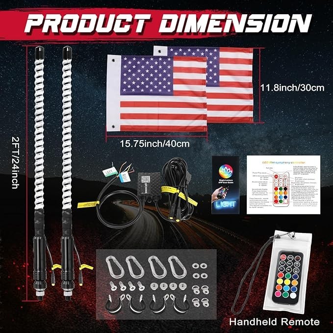 2PCS 2FT LED Whip Spiral Chasing RGB Whip Lights For Can Am Polaris RZR UTV ATV