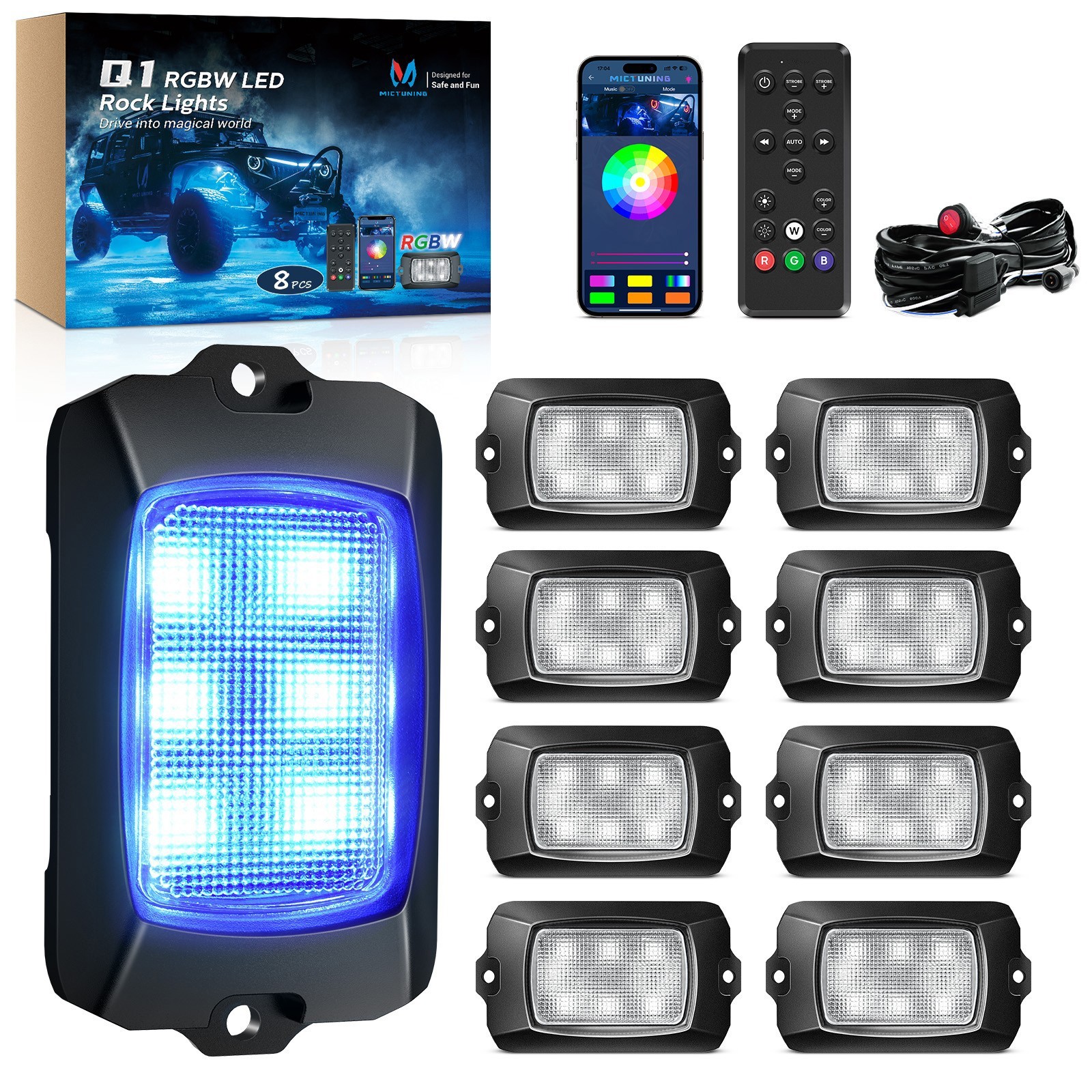 MICTUNING 8/12/16 Pod RGBW LED Rock Lights Underglow Neon Multicolor Lighting
