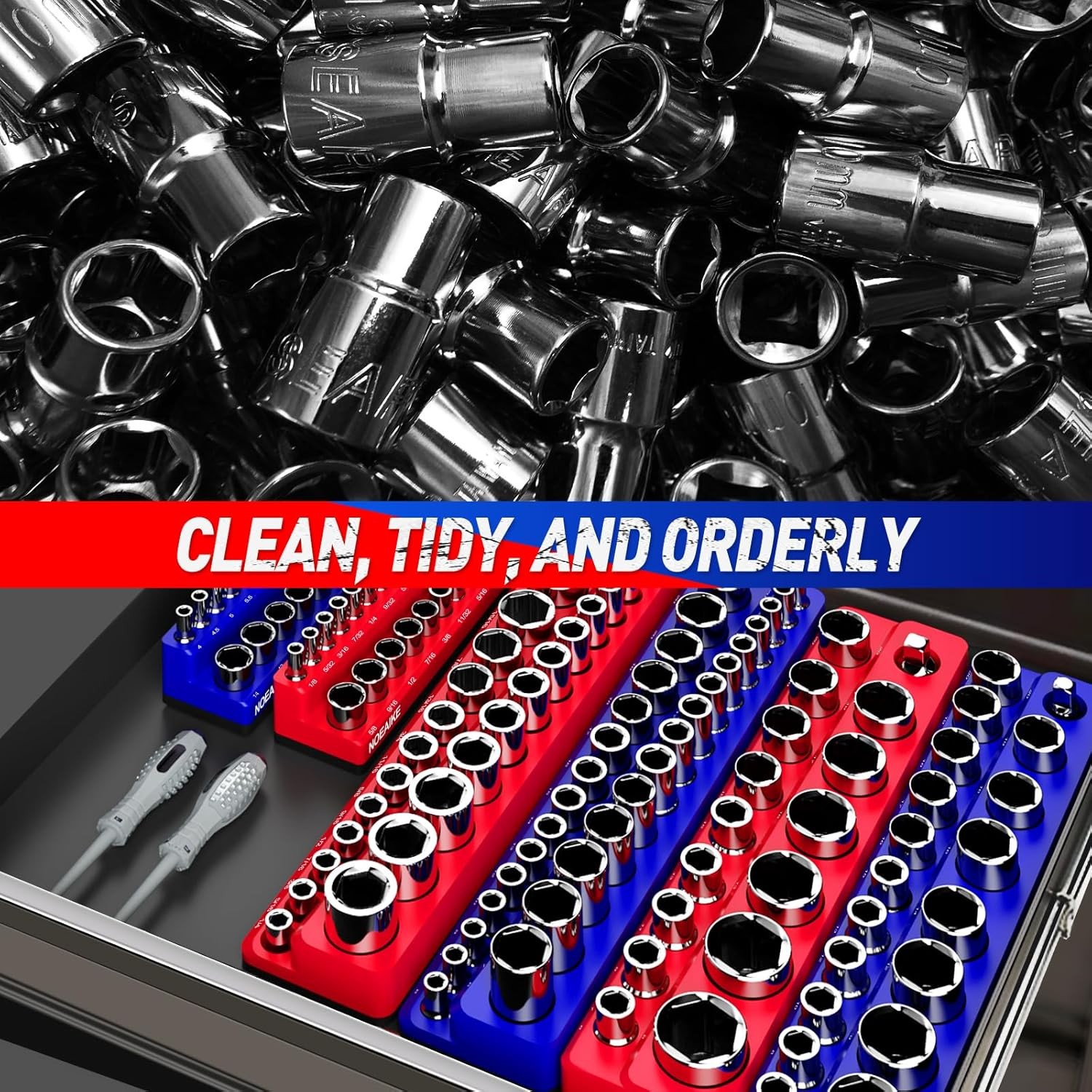 1/4 Inch Magnetic Socket Organizer,2-Pack Metric &SAE Sockets Holder Set