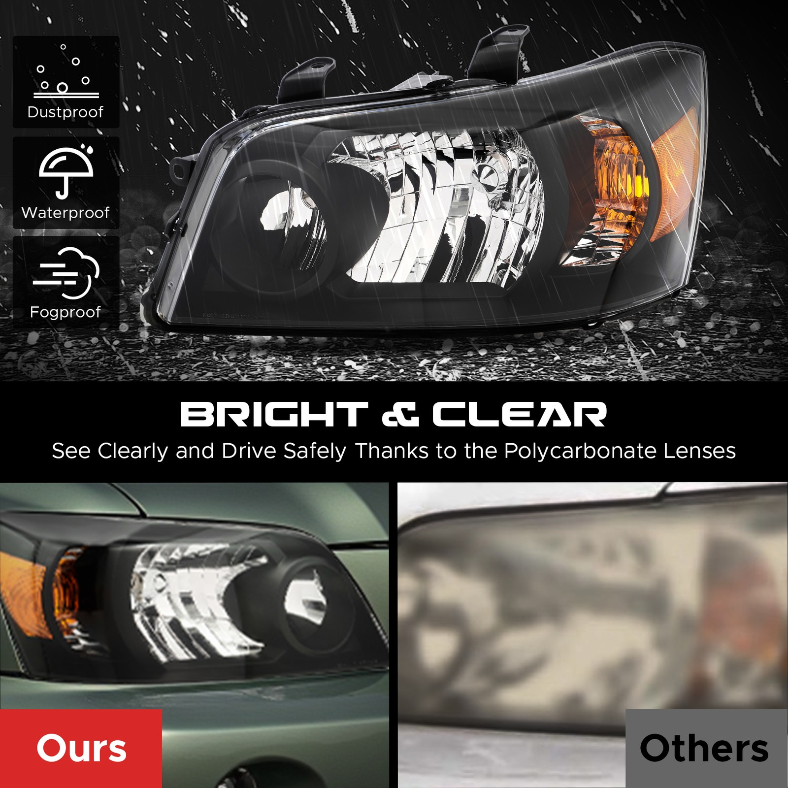 Headlight Pair for 2001-2007 Toyota Highlander LH & RH Headlamps Black Housing