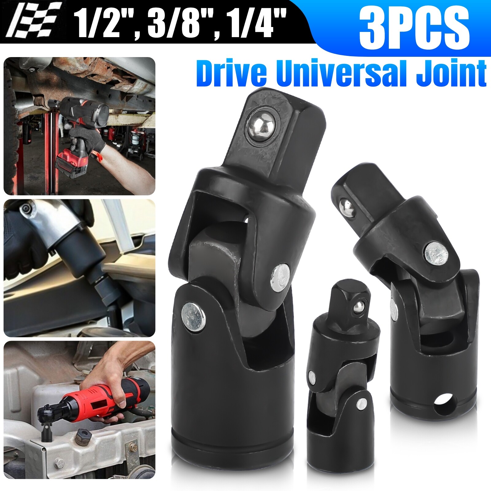 3Pcs Impact Universal Joint Socket Swivel Set 1/4″ 3/8″ 1/2″ Drive Sockets Tool