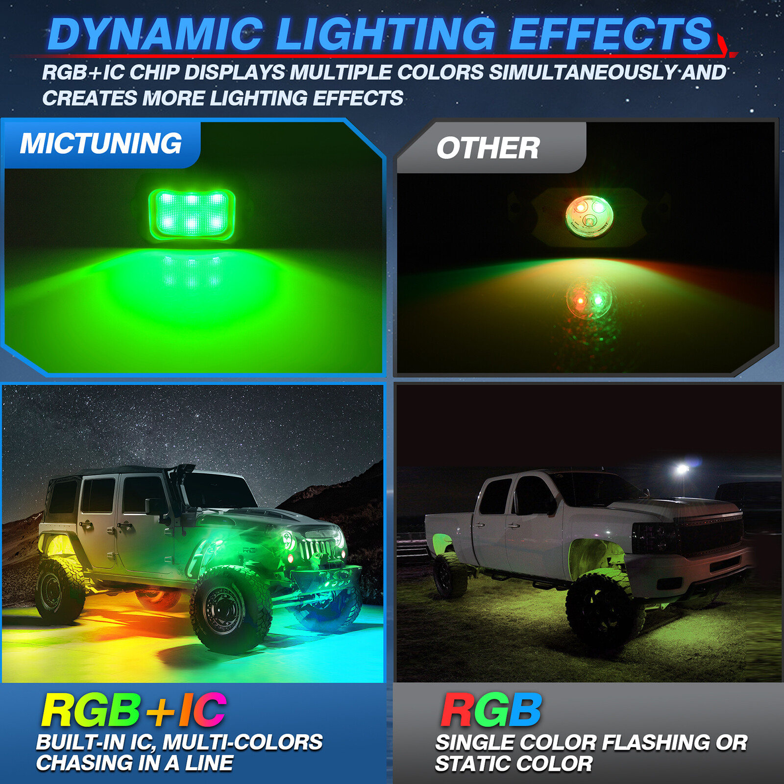 MICTUNING C2 RGB+IC Dream Color LED Rock Lights Kit, 8-24 Pods Underglow Lights