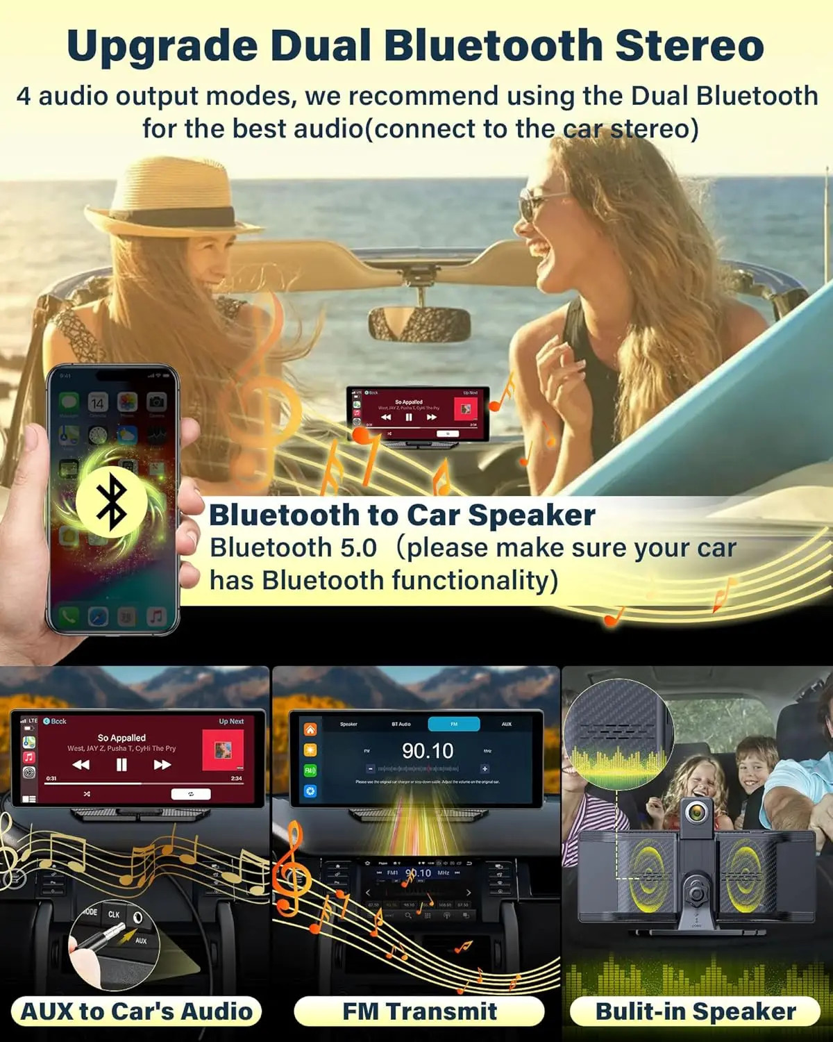 10.26″ 4K Dashcam 360° Rotating Lens Car DVR Wireless Carplay Android Auto GPS