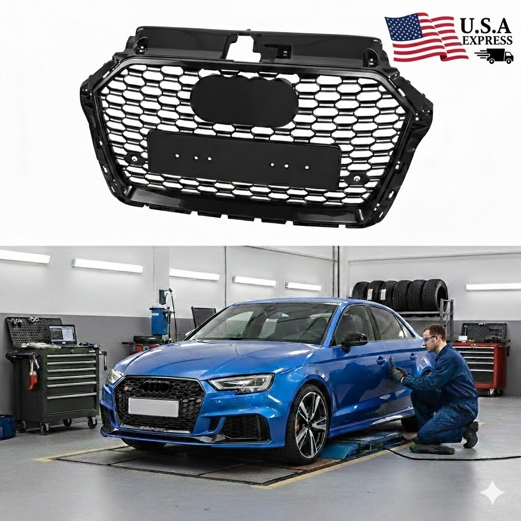 RS3 Style Front Honeycomb Grille for Audi A3 S3 8V Facelift 2017-2020 GlossBlack