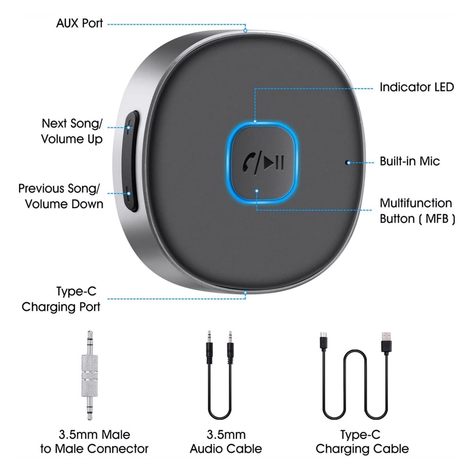 For Bluetooth 5.0 Audio Receiver 3.5mm Aux Adapter For Car Home Stereo System