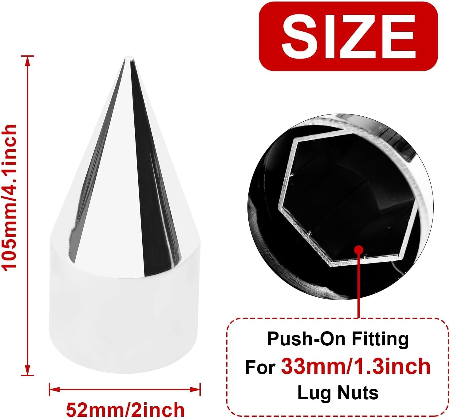 33mm x 4 1/4″ Chromed Spike Lug Nuts Covers Push on,ABS Chrome Plastic Caps 60