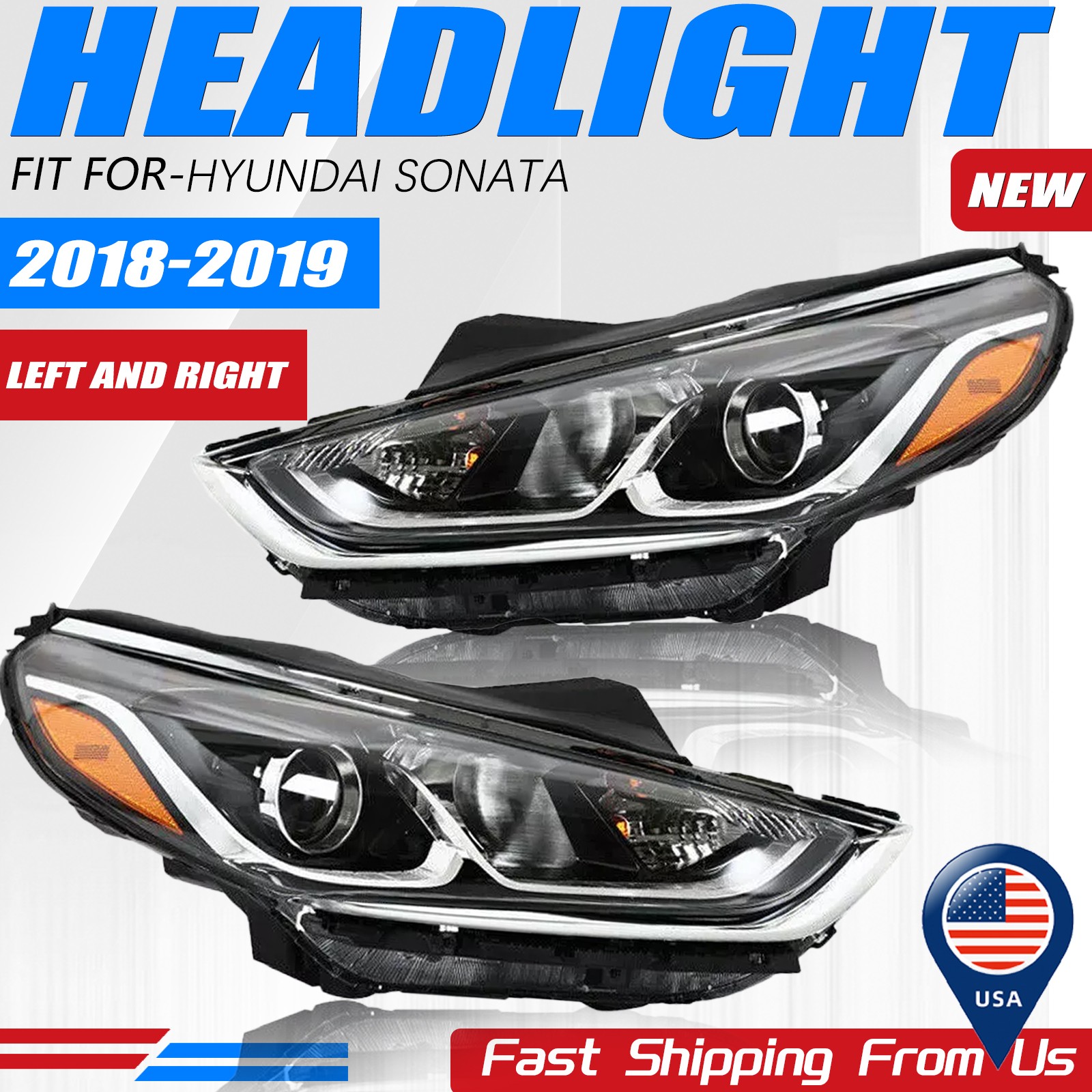 Pair For 2018 2019 Hyundai Sonata Halogen Headlight Left &Right Assembly w/ Bulb