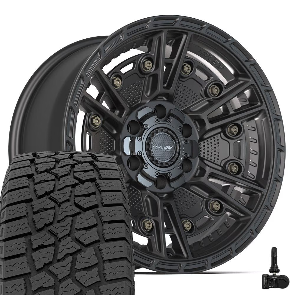 Set 4PS01 18×9 Black 4PLAY Wheels, 275/65R18 AT Tires & TPMS Fit Sierra Yukon
