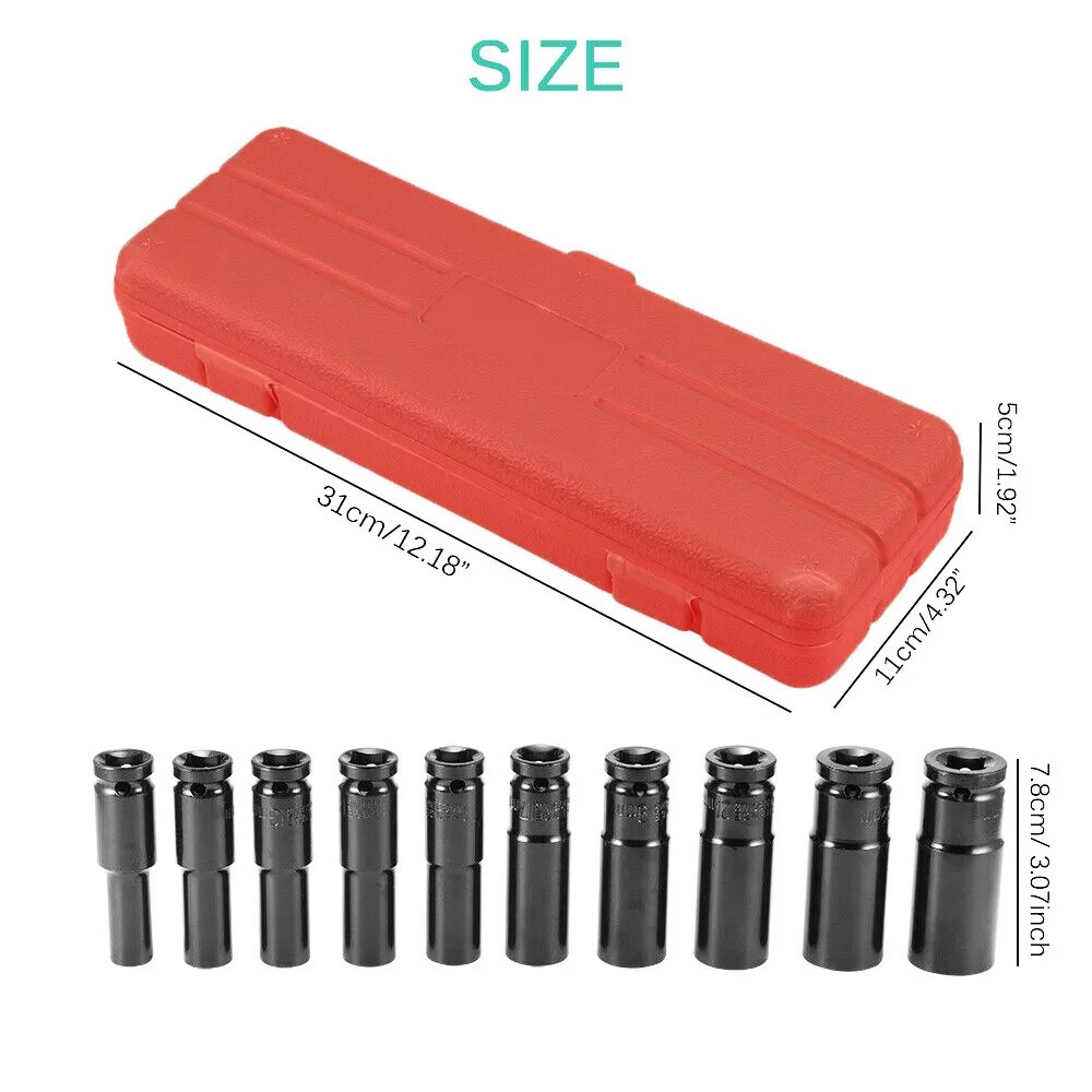 10pcs Metric Deep Impact Socket 1/2″ Drive 10mm-24mm 6 Point Sockets w/ Case Set