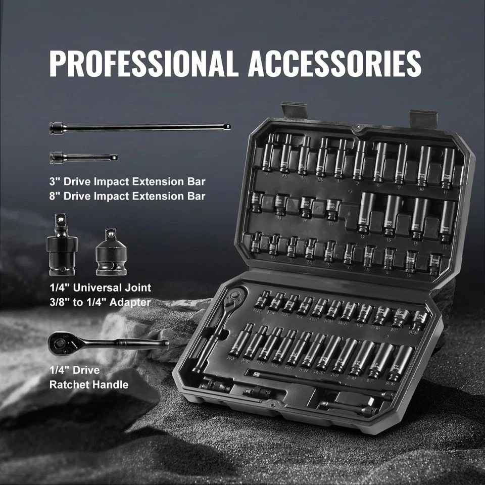 Impact Sockets Set 55pcs 6-Point 1/4″ Drive Bit Ratchet Tool Kit Case