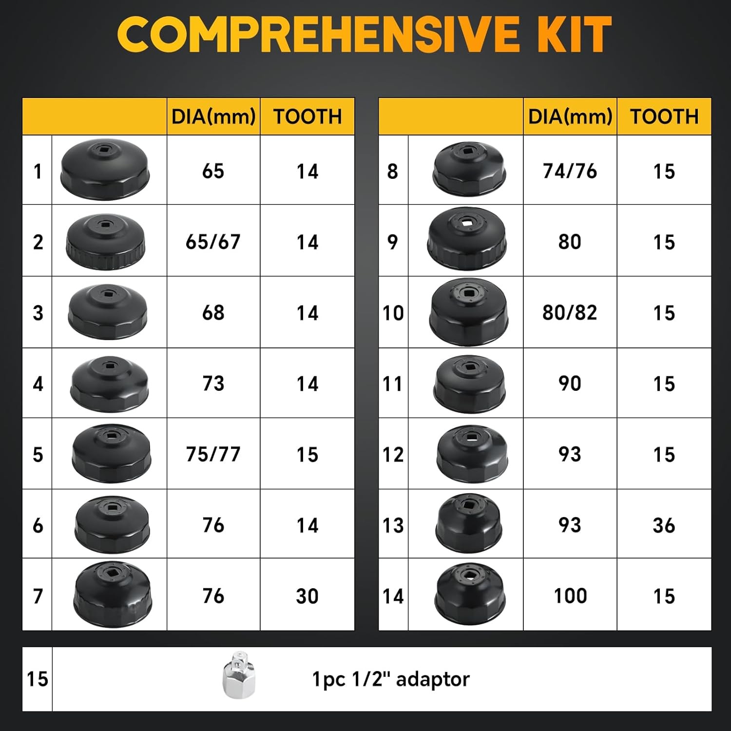14Pcs Oil Filter Wrench Set Cup Type Removal Tool Socket Kit 1/2″ 3/8″ Adaptor