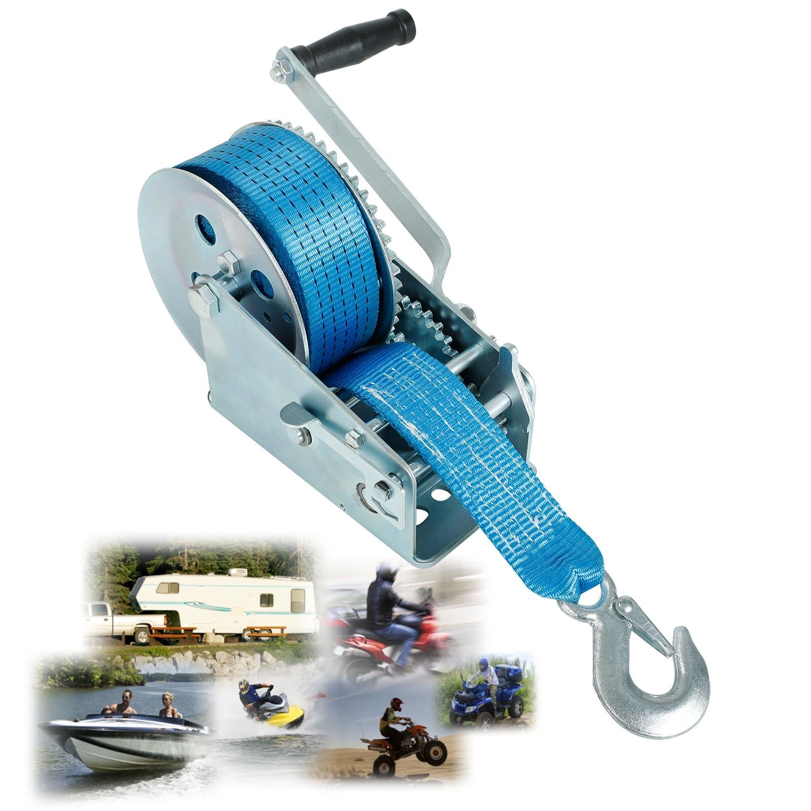 3200lbs Hand Winch Polyester Strap 2 Gear Crank Boat ATV Trailer RV Blue