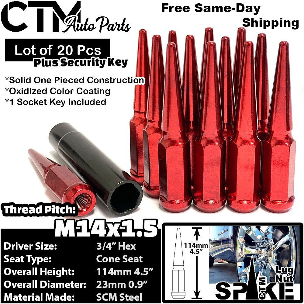 20x 4.5″ Tall 14×1.5 Red Spike Lug Nut + Key Fit Dodge Chrysler Jeep Ram