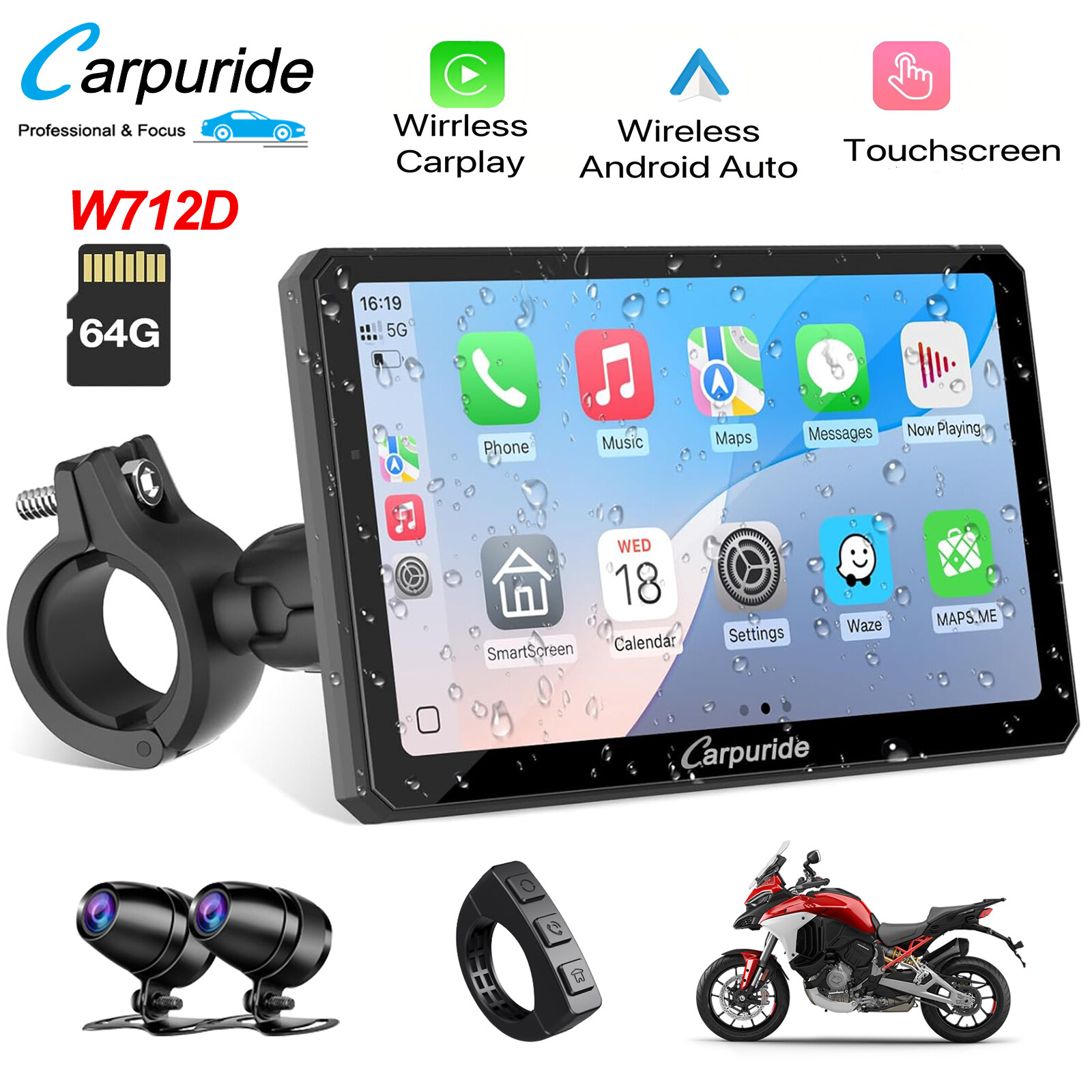 Carpuride W712D Wireless Carplay Android Auto Motorcycle Wired Controlled TPMS