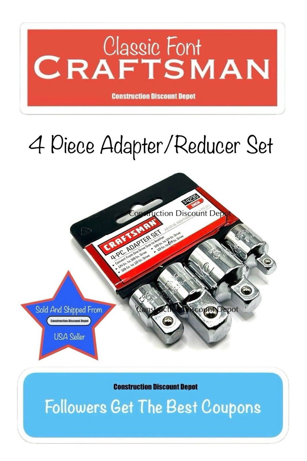 CRAFTSMAN 4 PC SOCKET ADAPTER Reducer Expander Converter Set 1/2 3/8 1/4″ Drive
