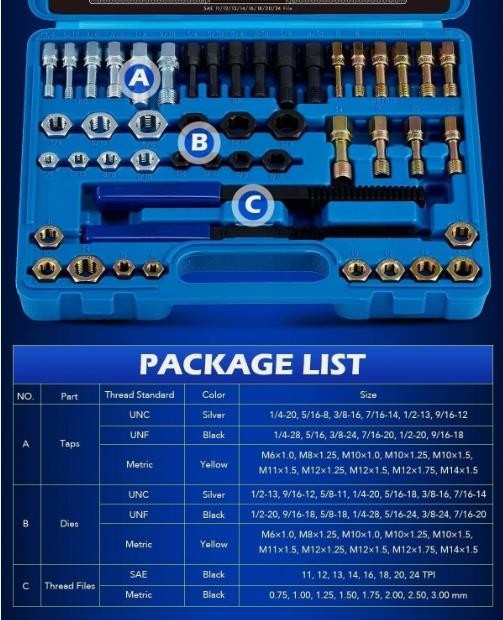 49PC Thread Repair UNC UNF Metric Thread Chaser Restorer Kit with Tap Dies