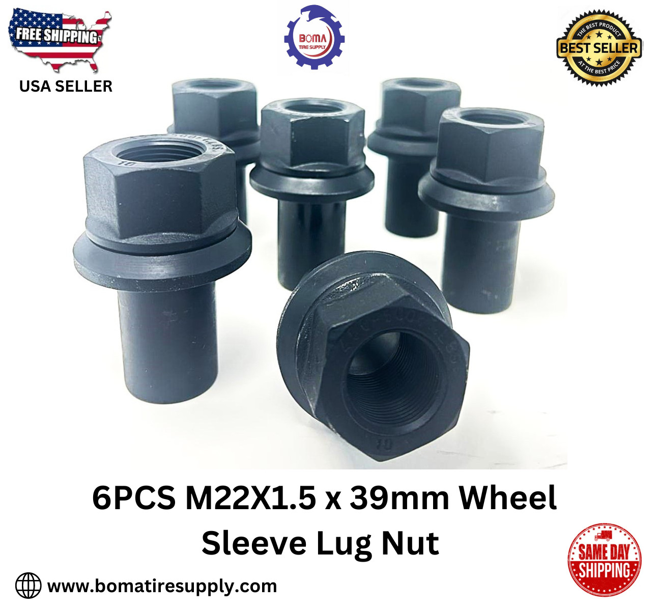 6 Pack 33mm M22-1.5 x 39mm Sleeve Wheel Lug Nut M22-1.5x39mm Skirt Flange