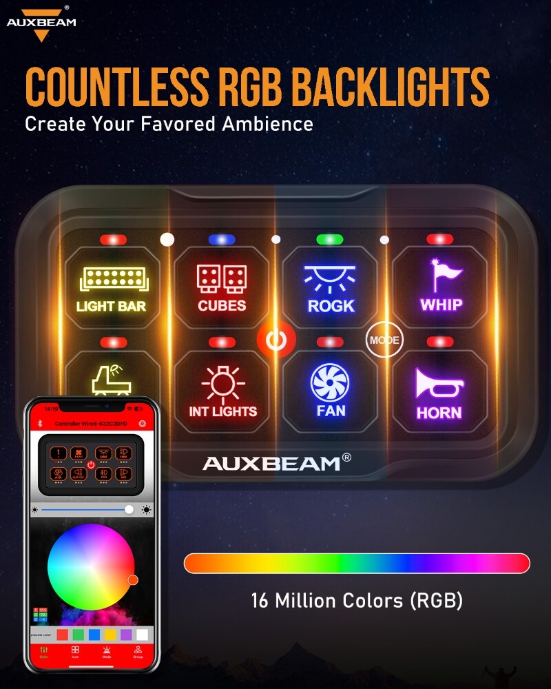 AUXBEAM AR-800 RGB 8Gang Switch Panel bluetooth APP For Dodge Ram 1500 2019-2023
