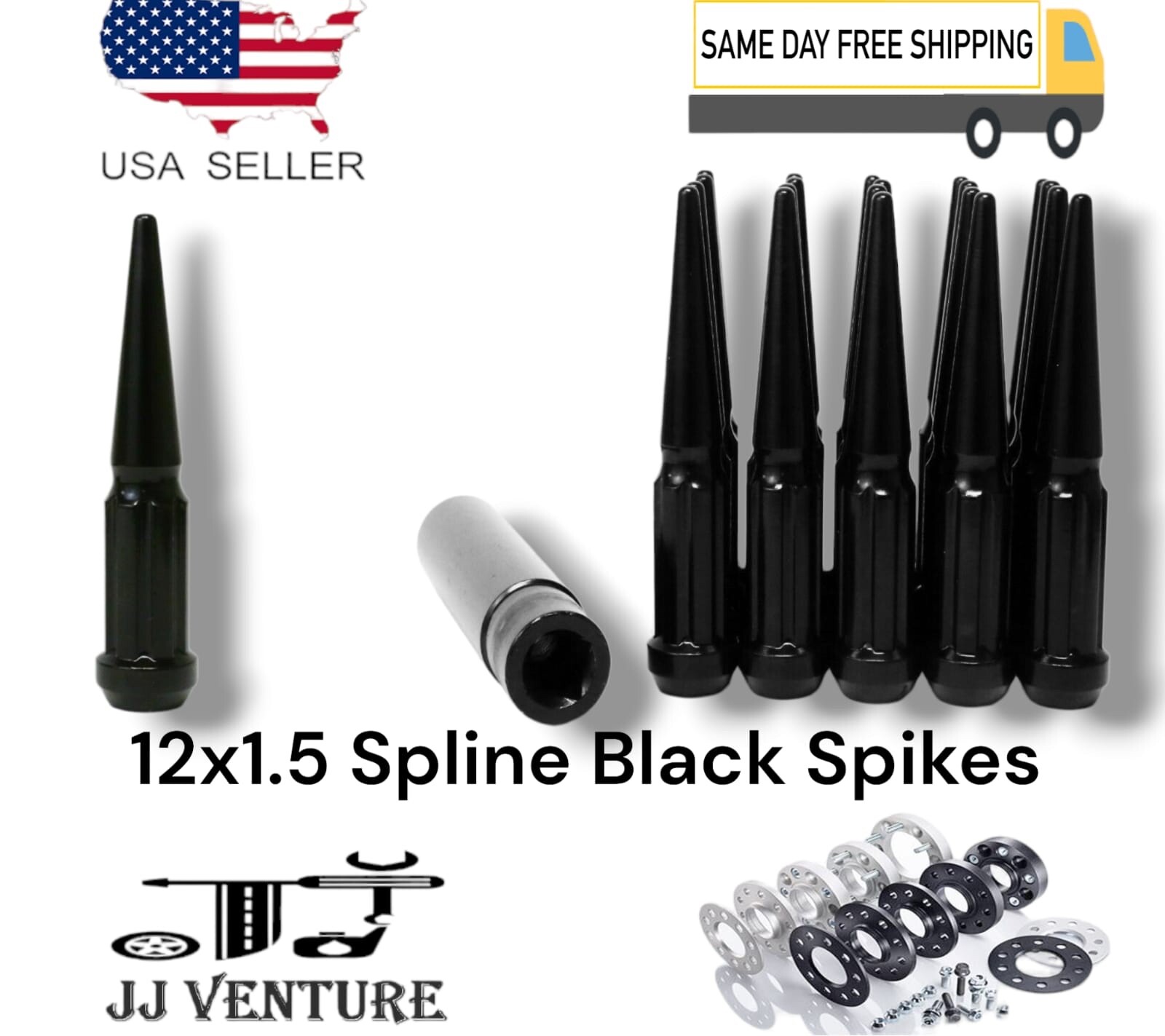 24x Black 4.5″ M12x1.5 Spline Spike Lug Nut+Key Fit Toyota Tacoma 4Runner &More