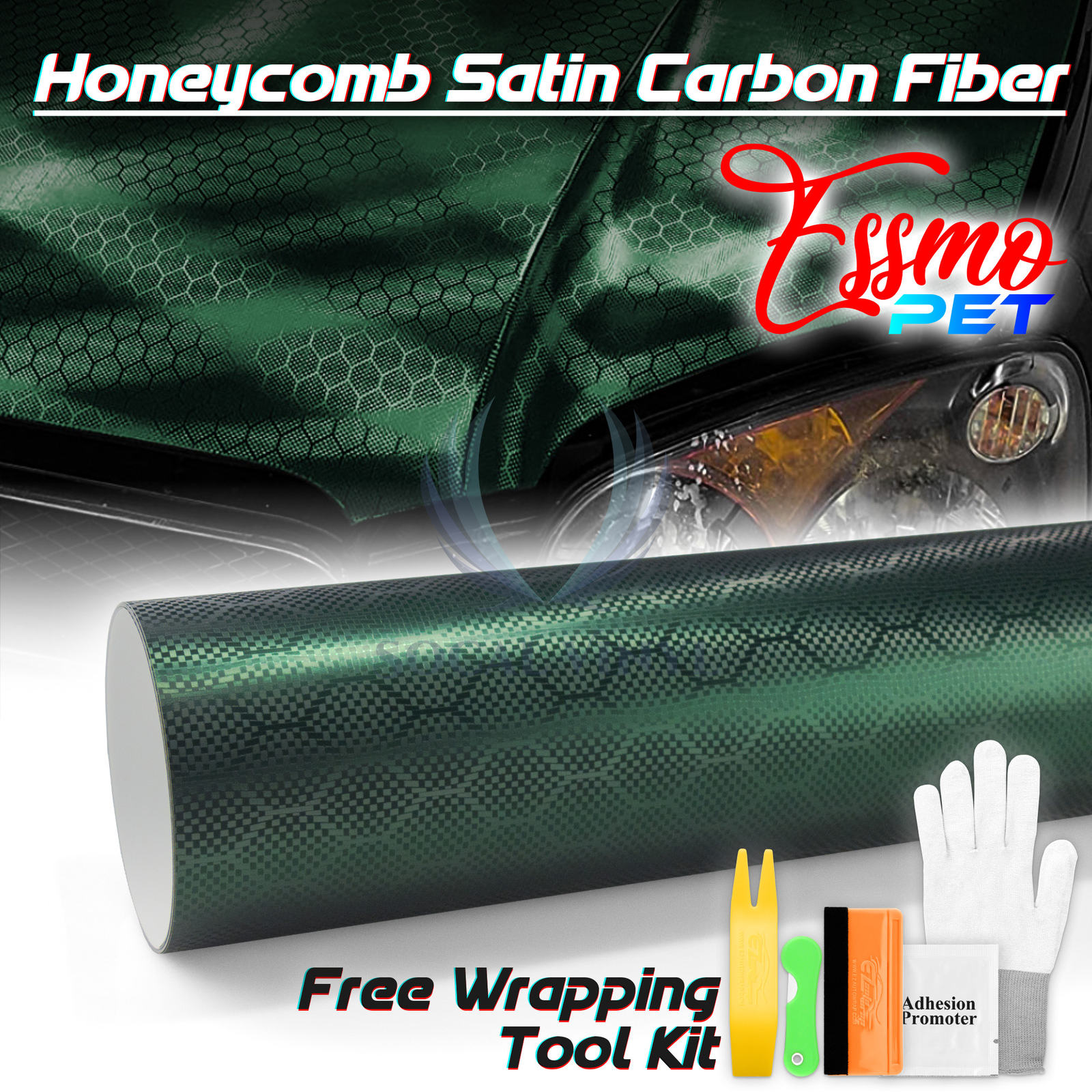 PET Honeycomb Carbon Fiber Satin Venom Green Hex Vehicle Vinyl Wrap Decal Sheet
