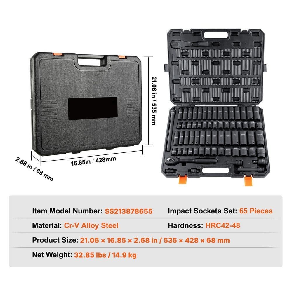 1/2 In. Drive Impact Socket Set,65 Piece Socket Set SAE 3/8 In. to 1-1/4 In. and