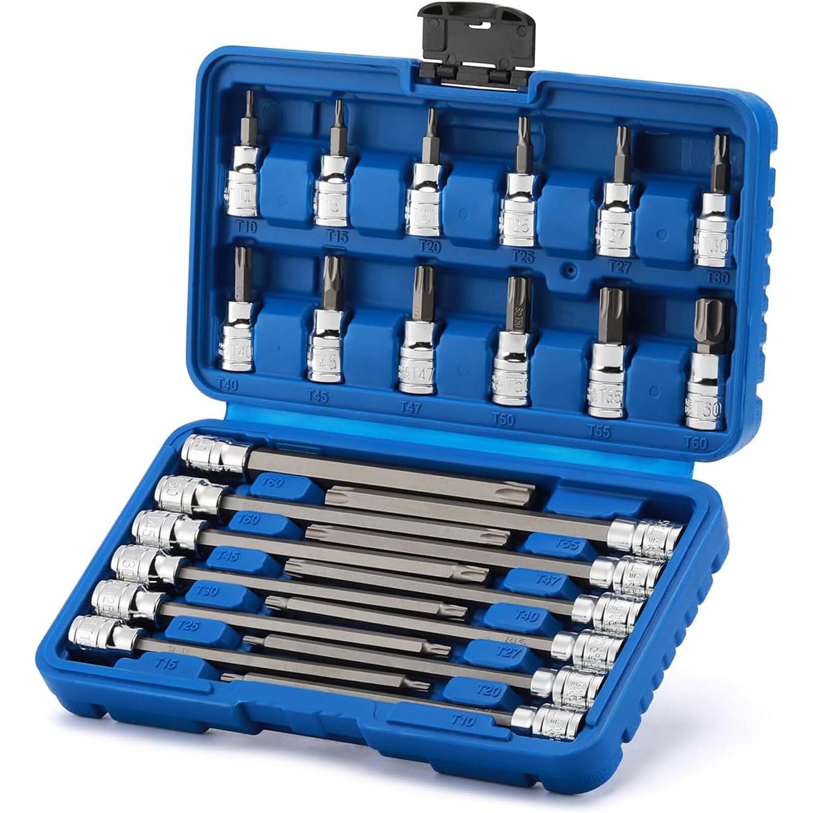 24PCS 3/8″ Drive Torx Bit Socket Set Extra Long Star Bit Sockets Cr-V T10-T50