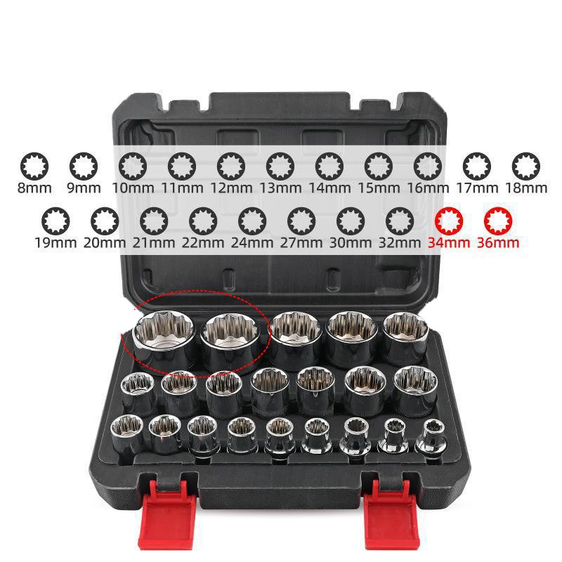 21PCS Spline Socket Set Metric 12 PT Point 1/2″ Dr Gear Wall Rounded 8 – 36mm