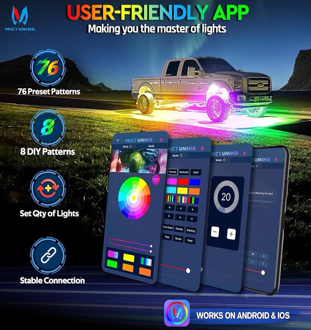 MICTUNING Q1 Max RGB+IC Rock Lights Chasing Dream Color – 8 Pods Underglow Light