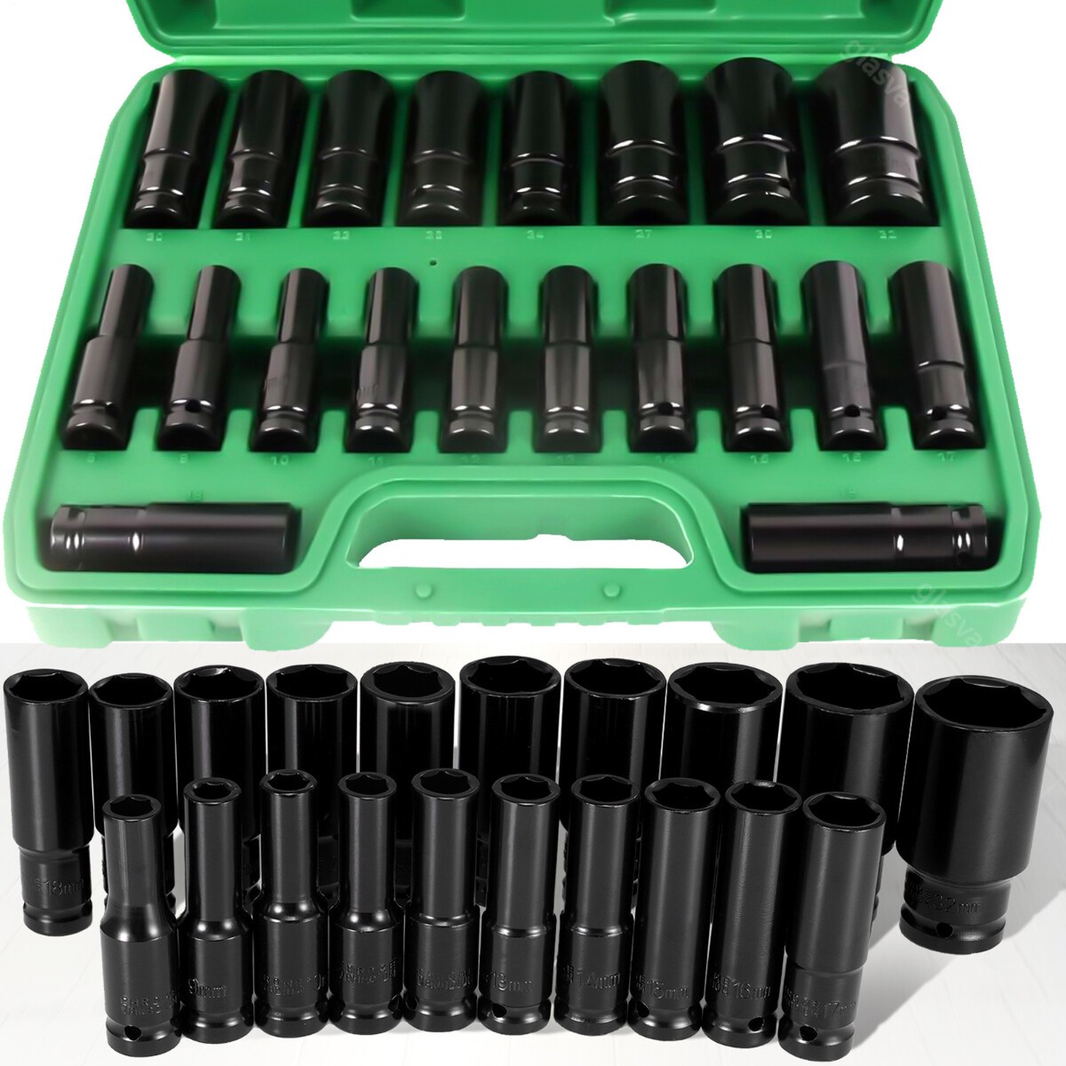 20pcs Metric Deep Impact Socket 1/2″ Drive 8mm-32mm 6 Point Sockets kit w/ case