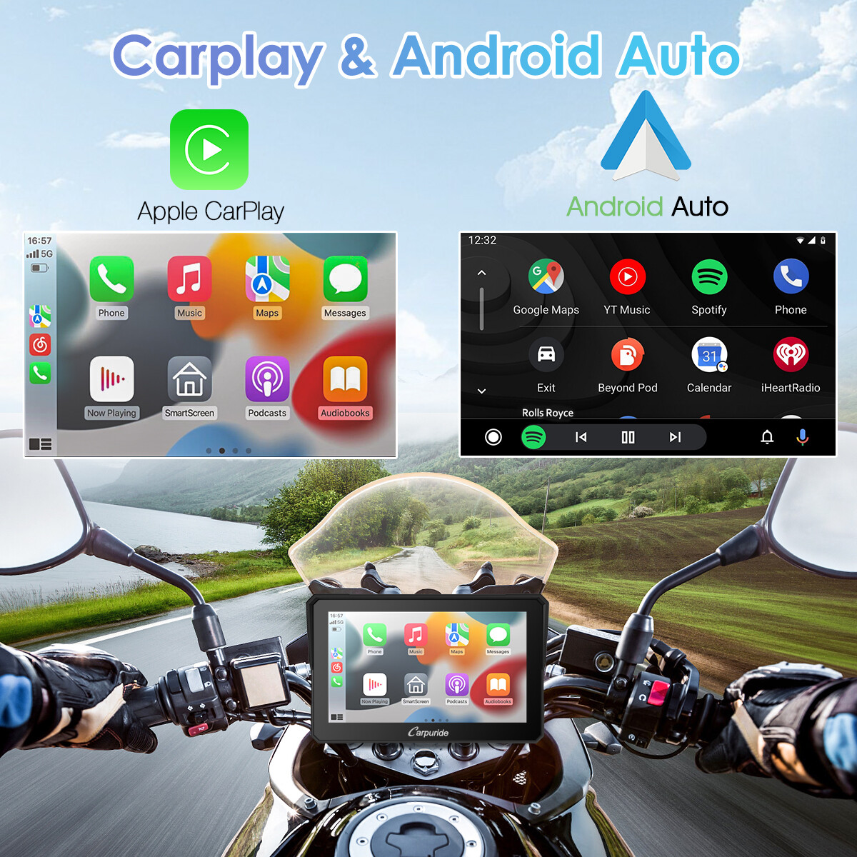 Carpuride Motorcycle Stereo Bluetooth Radio Wireless Apple CarPlay Android Auto