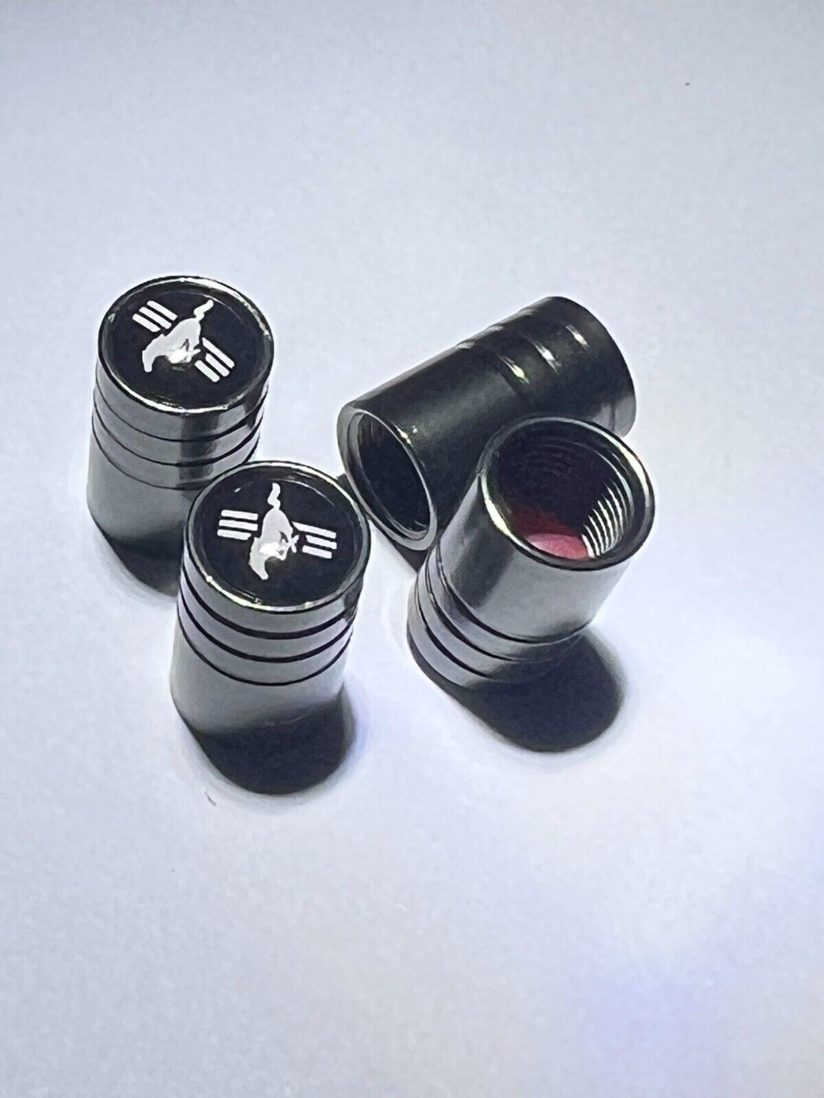 4 FORD MUSTANG Tire Valve Cap Air Valve Stem Cover (Metallic Black)