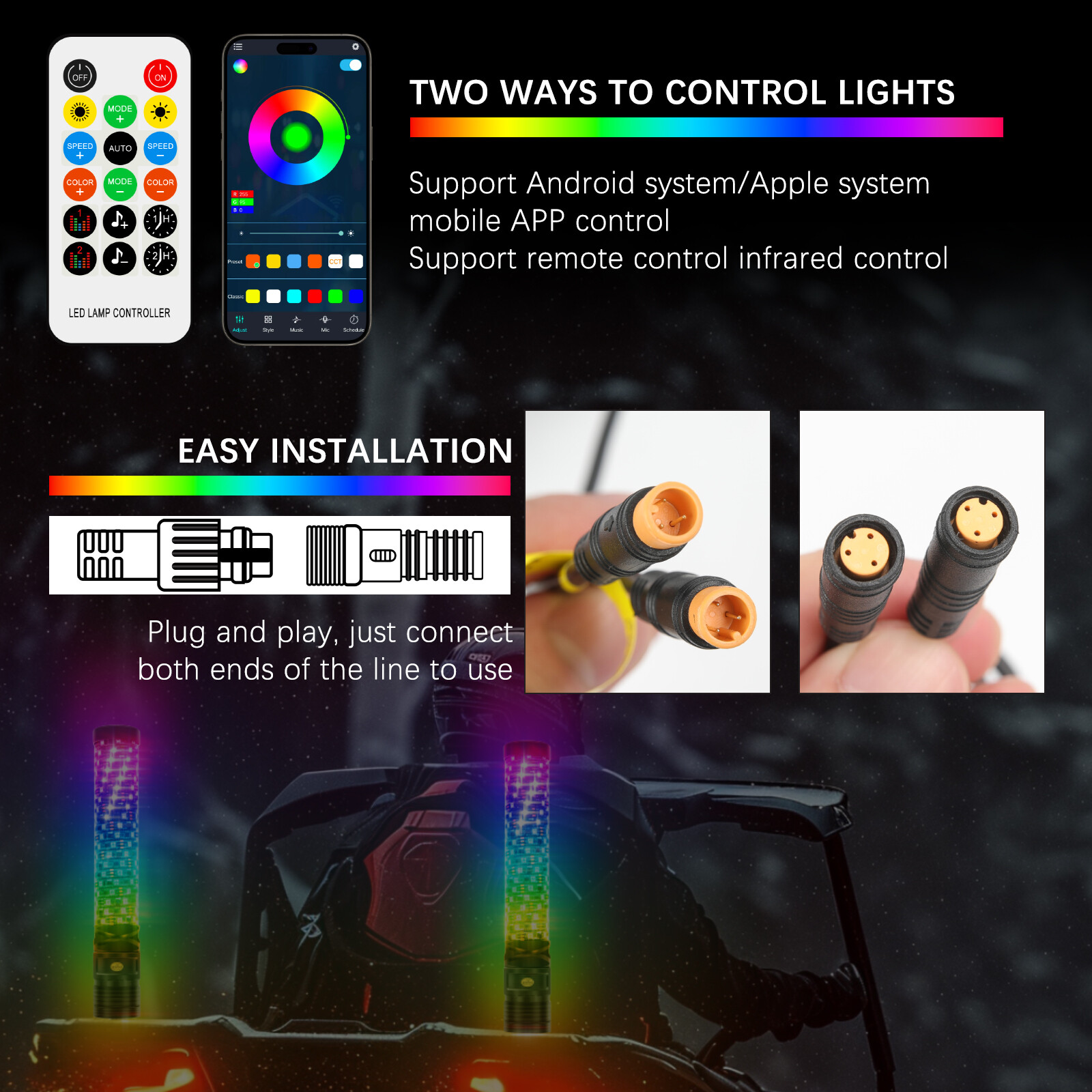 2FT Thick LED Whip Spiral Chasing RGB Fat Whip Lights For Can Am Maverick X3 RS