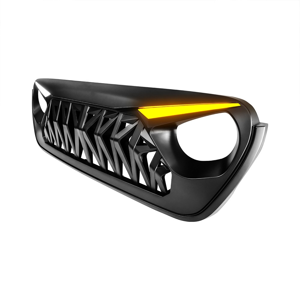 Matte Black Front Shark Grille w/Eyebrow DRL for 18-23 Jeep Wrangler JL JT