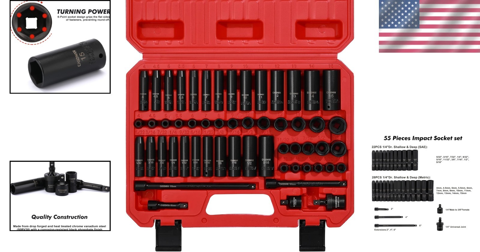 Versatile 55PCS Cr-V Steel Impact Socket Set – Shallow & Deep, Easy Read Marks