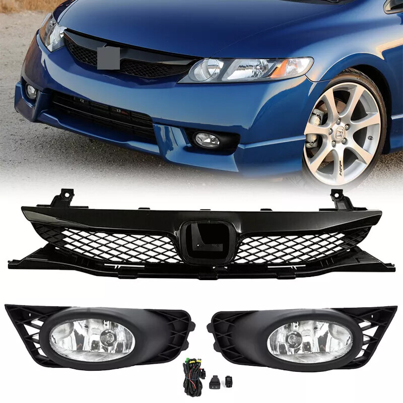 3PCS Fit 2009 2010 2011 Honda Civic Sedan Front Bumper Black Grille + Fog Lights