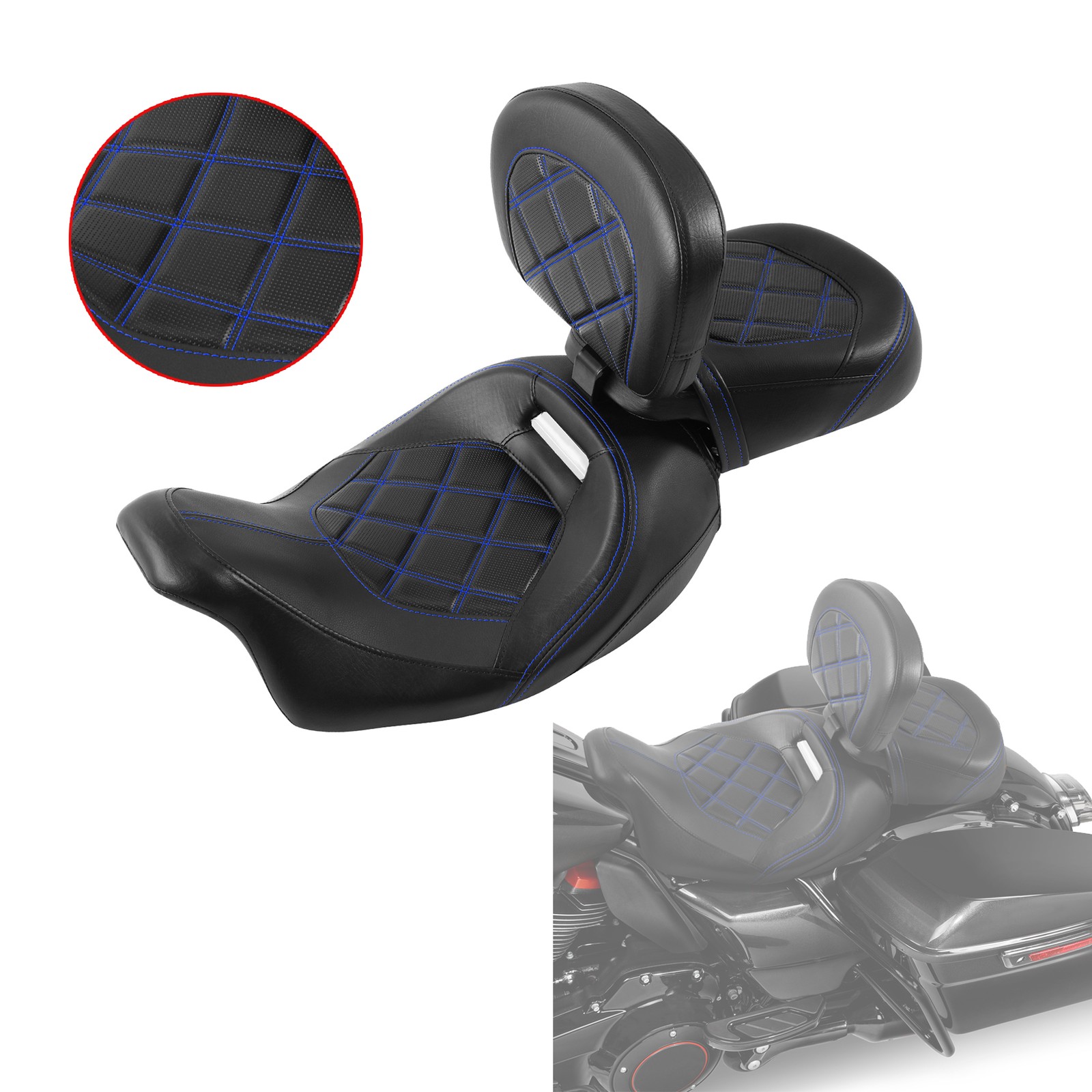 Low-Profile 2 Piece Seat & Rider Backrest Pad Fit For Harley Touring 2009-2023