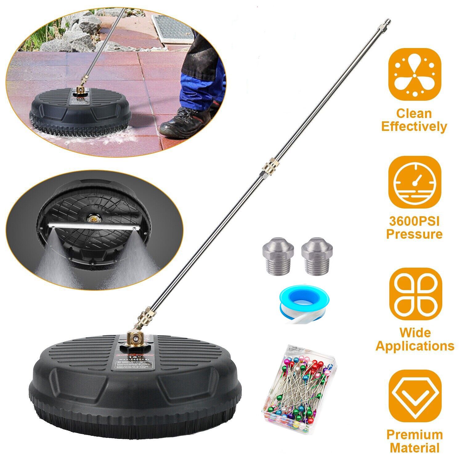15″ 3600PSI Pressure Washer Surface Cleaner with Extension Wand + 1/4″Connector