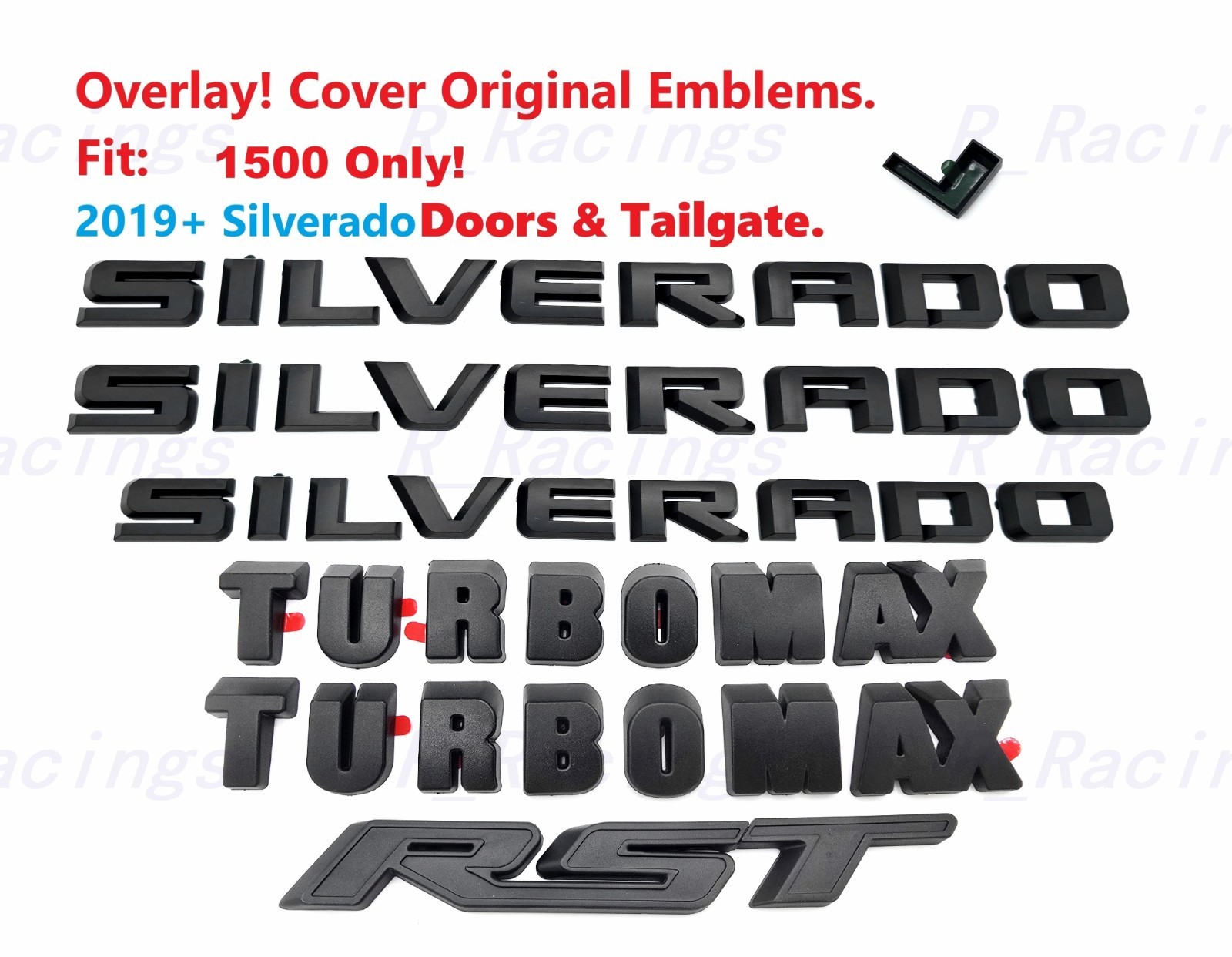 OVERLAY Matte Black Hood Fender Rear Silverado Turbomax RST Emblem 2019+ 1500