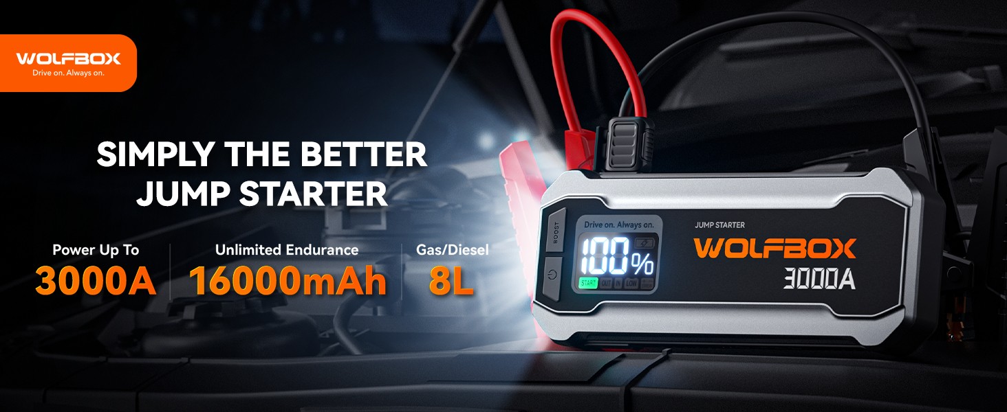WOLFBOX 3000A JUMP STARTER CAR BATTERY BOOSTER BOX POWER BANK with LED Display