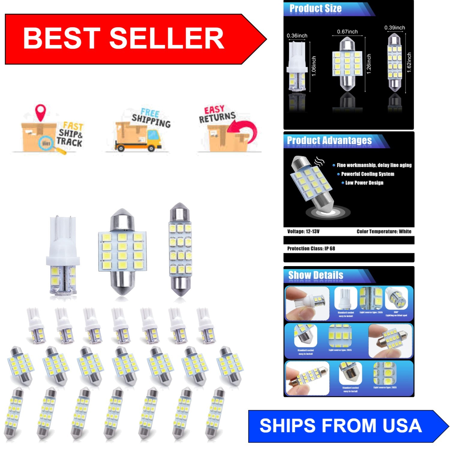 White LED Bulbs – 24-Piece Set for Cars, Trucks & SUVs – 50,000 Hours